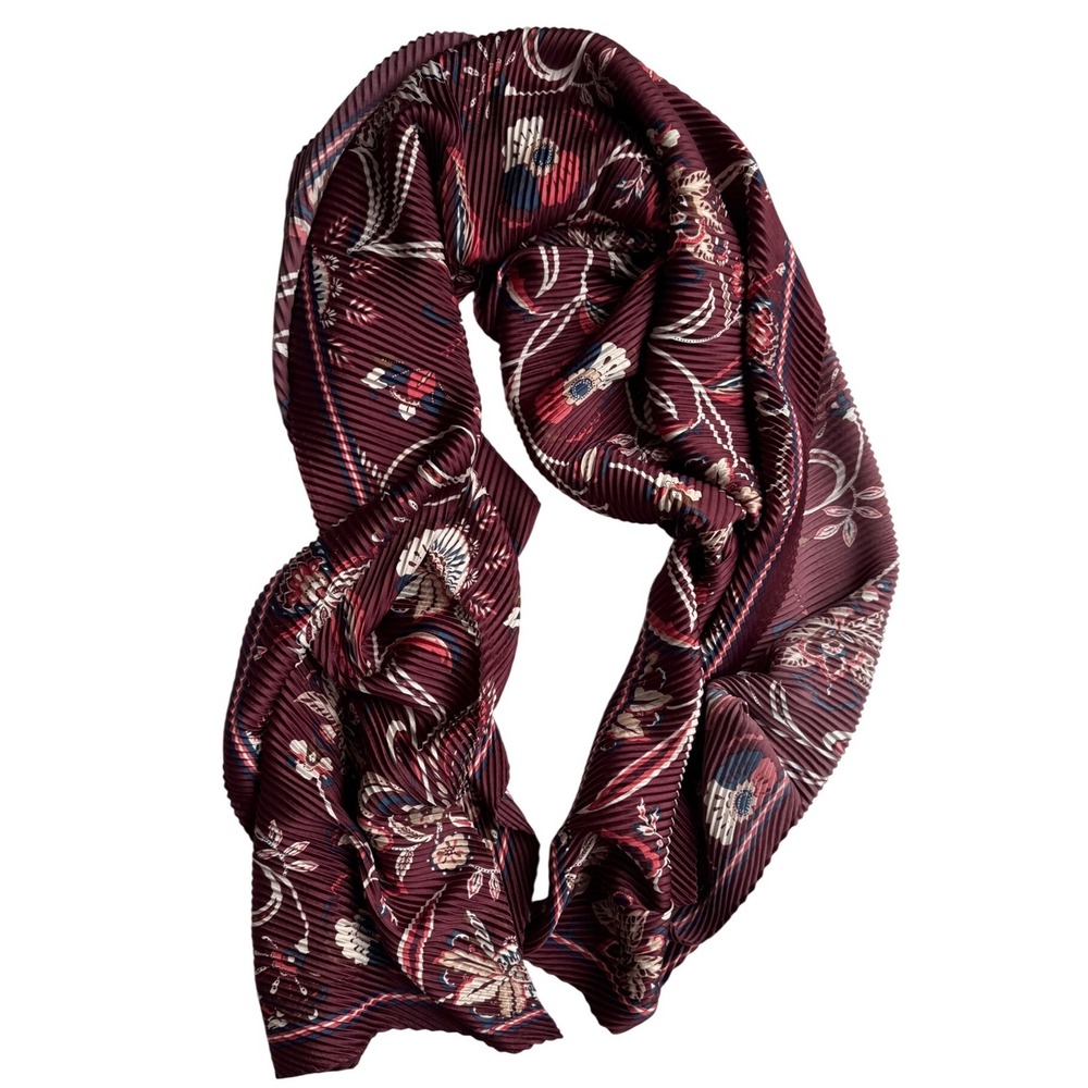 Talbots Burgundy Floral Accordion Pleated Scarf 100% Recycled Polyester NEW